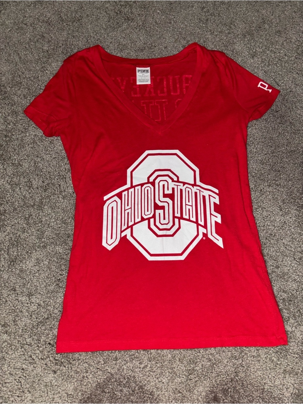 Y2K Style PINK Victoria's Secret Red Ohio State V-Neck Tee with White Logo